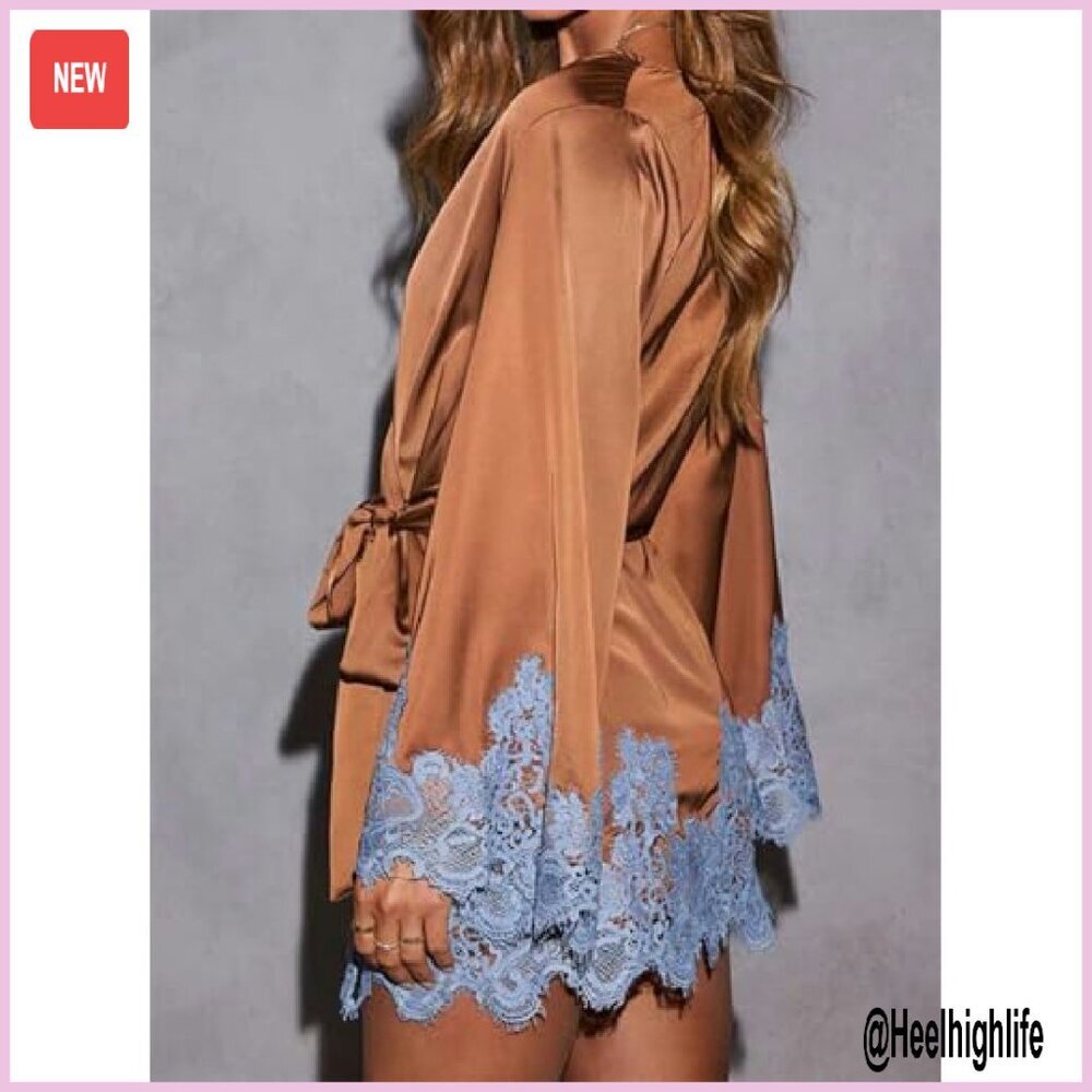 Satin Wrap Mini Dress with Lace Trim Bell Sleeves for Party Wedding - Picture 6 of 7